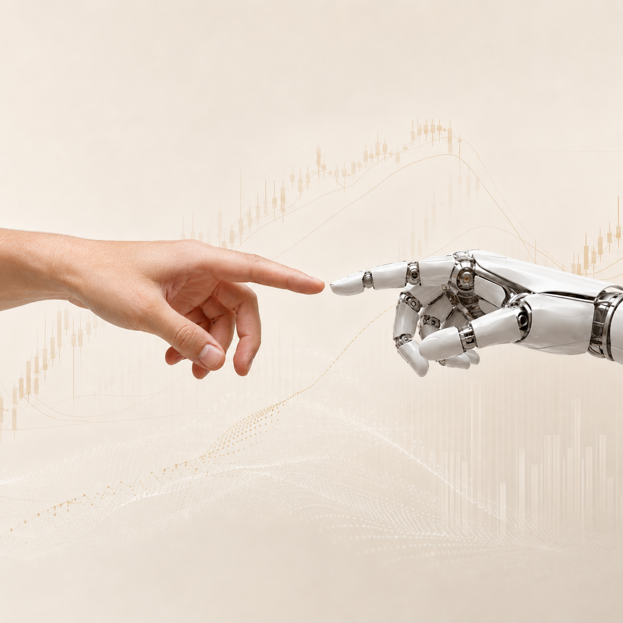 Human hand and robotic hand reaching toward each other over a trading chart